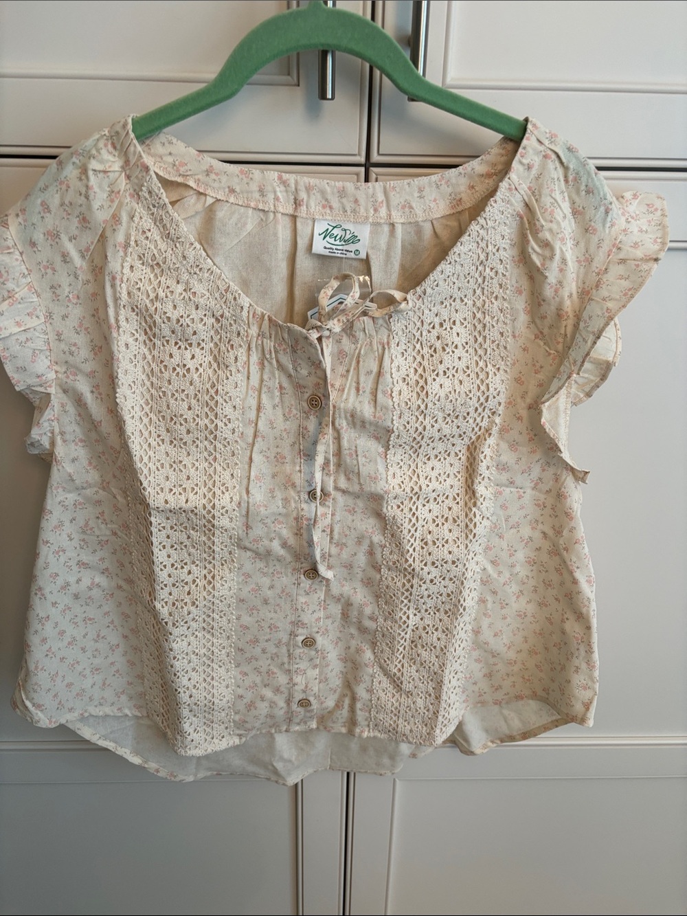 Very J Cream Floral Crochet Tie-Front Blouse